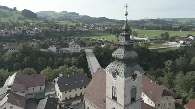 aerial of Ternberg parish church and townscape, Upper Austria