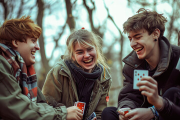 Group of young people happily playing cards together
