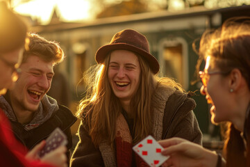 Group of young people happily playing cards together