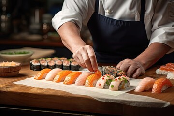 Chef preparing sushi, placing garnish on top.