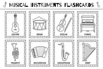 Musical instruments black and white flashcards collection. Flash cards collection for coloring for school and preschool. Music instruments in outline for kids. Vector illustration