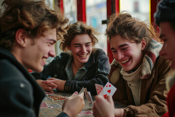 Group of young people happily playing cards together