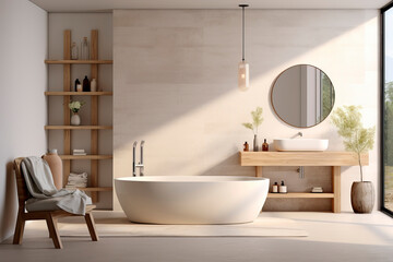 Modern minimalist bathroom interior, white sink, wooden vanity, interior plants, have large windows, white and beige walls, concrete floor, overlook nature view.