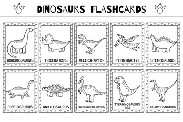 Black and white dinosaurs flashcards collection for kids. Flash cards set with cute dino characters for coloring. Brachiosaurus, triceratops, Tyrannosaurus rex and more. Vector illustration © juliyas