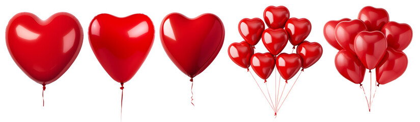 Collection red set of heart love shape balloons in a bunch on transparent background cutout, PNG file.