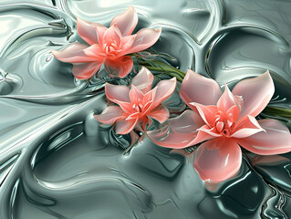 abstract composition of inflorescences of water lilies in a metallic style