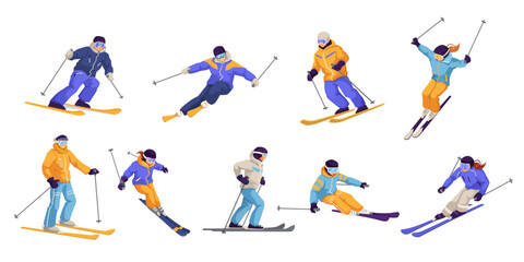 Set of winter skier in various position. Collection of sportsman doing extreme outdoor sport activity. Youth competition. Cartoon design. Isolated on white background. Vector illustration - obrazy, fototapety, plakaty