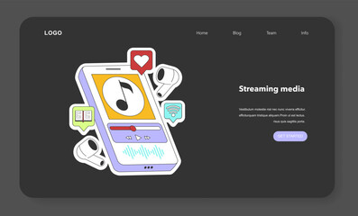 Streaming music service night or dark mode web banner or landing page. Smartphone and headphones. Listening to music or podcast with online broadcast service. Flat vector illustration