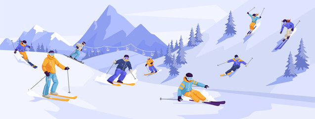 Group of sliding professional skier in warm sport suit with googles. Extreme downhill. Scenic picturesque mountain landscape. Winter holiday resort and vacation. Vector illustration - obrazy, fototapety, plakaty