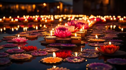 Diwali festival. Colorful clay Diya lamps lit during diwali celebration on water.