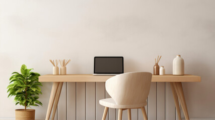 Interior of modern living room with wooden desk, chair and laptop.