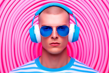 Young man in glasses and headphones listens to music in pink and blue neon light, concept for music platforms