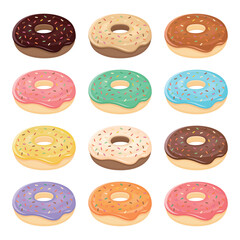 Collection of colorful donut dessert vector illustrations on white background. Donuts in different flavors include chocolate, strawberry, caramel, yogurt, cranberry, orange, milk, grape and coffee.