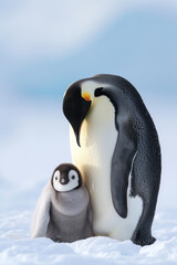 A penguin with her cub, mother love and care in wildlife scene