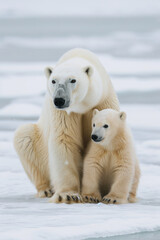 A polar bear with her cub, mother love and care in wildlife scene