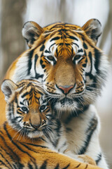 Obraz premium A tiger with her cub, mother love and care in wildlife scene