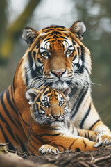 Fototapeta na wymiar A tiger with her cub, mother love and care in wildlife scene