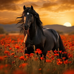 Obraz premium beautiful friesian horse in the evening at sunset in a field of poppies flowers
