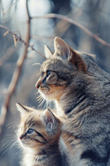 A cat with her cub, mother loves and cares in everyday life