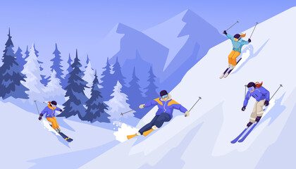 Sliding professional skier in warm sport suit with googles. Extreme downhill. Scenic picturesque mountain landscape. Winter holiday resort and vacation. Vector illustration - obrazy, fototapety, plakaty