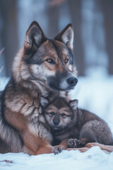 Naklejka na ściany i meble A dog with her cub, mother love and care in everyday life