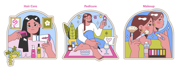 Personal grooming set. Nurturing hair care, meticulous pedicure, and creative makeup application scenes. Embracing beauty routines with joy and precision. Flat vector illustration.