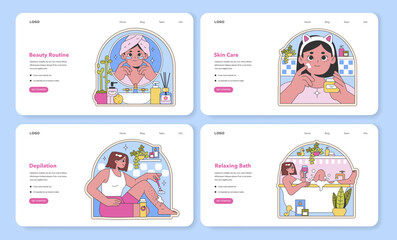 Beauty routine guide. A comprehensive visual series on skincare, depilation, and bath relaxation. Essential self-care steps depicted in a charming style. Perfect for wellness websites. Flat vector