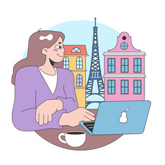 Bleisure travel. Business and sightseeing trip. Workation, digital nomad working globally. Combined leisure with professional business tasks abroad. Flat vector illustration