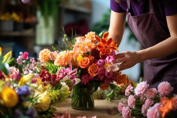 Obraz na płótnie Canvas Artful florist crafting a vivid bouquet.