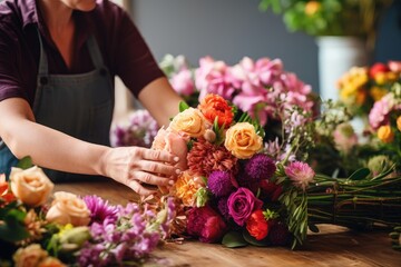 Florist arranging a vibrant floral bouquet.