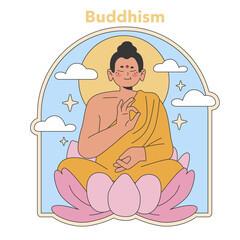 Buddhism illustration. Serene Buddha meditating on a lotus flower, embodying peace and spirituality. Flat vector illustration