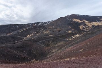 Etna Volcano in Sicily, Italy, in winter conditions with snow and ice