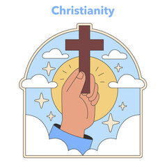 Christianity emblem. Hand holding the cross against a celestial backdrop, symbolizing faith and devotion. Emblematic of religious belief and spirituality. Flat vector illustration.