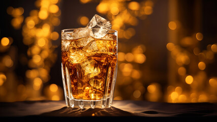 whiskey with ice cubes on a background of bokeh