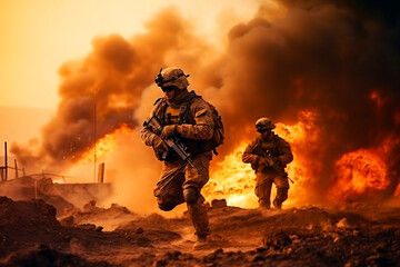 Military soldiers with weapons run on fire during the war