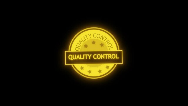 Quality control gold seal with stars animated on a black background.