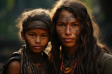 Two indigenous children with traditional face paint Generative AI image