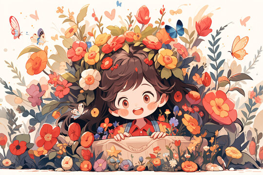 Spring solar term illustration, girl in flowers scene illustration