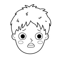 Worried boy face. Afraid little kid in black and white isolated on white background. Child emotional expression for coloring. Vector illustration