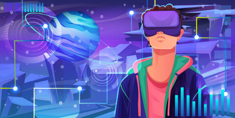 Man in casual clothes wearing VR googles watching at virtual reality world space, digital interface, planet hologram, network technology, abstract cyberspace, futuristic science. Vector illustration - obrazy, fototapety, plakaty