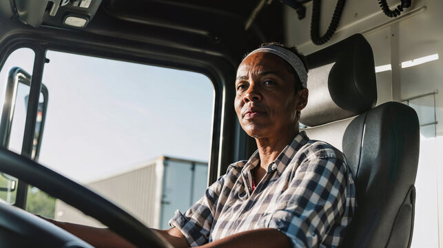 Portrait of empowered african woman breaking barriers in trucking. Generative AI image