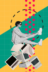 Vertical collage of elegant black white colors girl sit pile stack laptop monitor keyboard tying shoelaces isolated on drawing checkered background