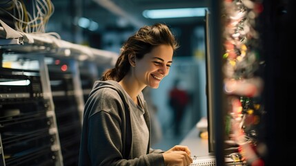 Woman using a laptop while working in a server room. Cybersecurity and analytics concept.