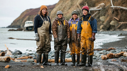 Portrait of empowered Female Workers by the Seashore. Generative AI image