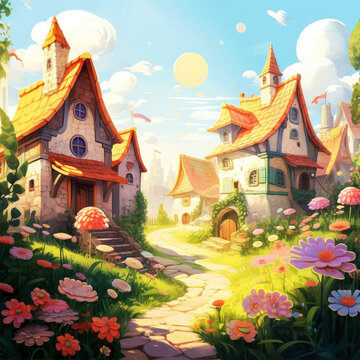Fabulous fantastic houses on a sunny summer day. A meadow with flowers and green grass.