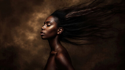 Fine art portrait of African woman with flowing hair. Generative AI image