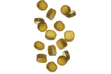 PNG sliced canned cucumbers isolated on white background.