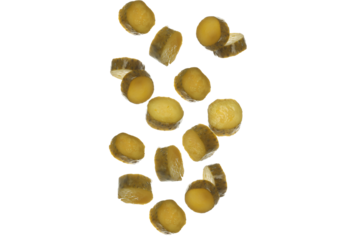 PNG sliced canned cucumbers isolated on white background.