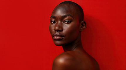 Serene African woman portrait on red background. Generative AI image