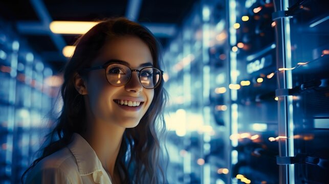 Female technician working in data center running diagnostics and maintenance on the system - Powered by Adobe